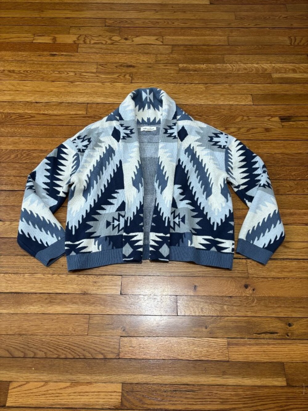 Lucky Brand Womens Open Front Cardigan Sweater Sz Large Blue White Aztec Pattern